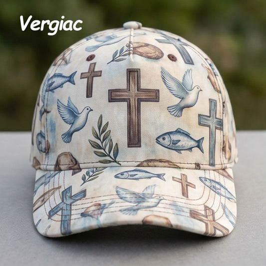 Cross, Fish and Dove Print Baseball Cap with Slightly Curved Brim, Adjustable Unisex Faith-Inspired Hat, 1 Piece