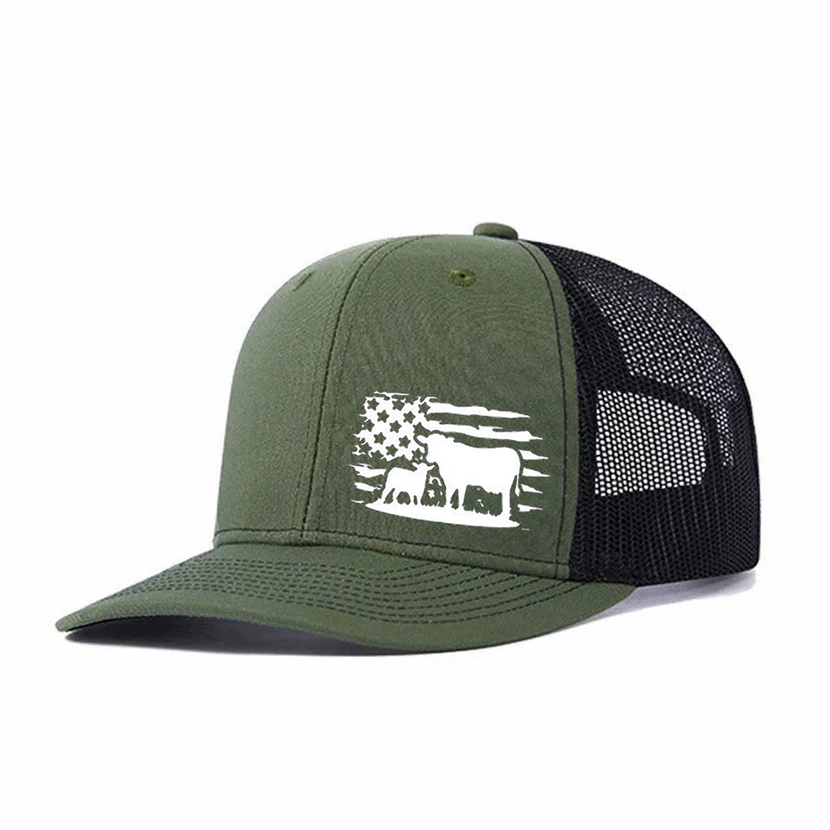 American Flag And Cattle Silhouette Leather Patch Trucker Hat