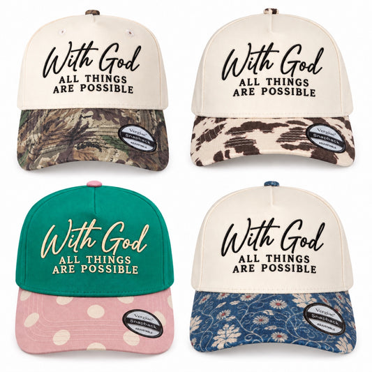 WITH GOD ALL THINGS ARE POSSIBLE Letter Embroidered 5-Panel Cotton Trucker Hat with Printed Brim and Structured Front, Adjustable Unisex Baseball Cap, 1 Piece