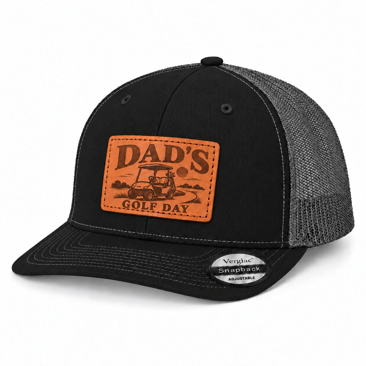 Dad's Golf Day Golf Cart Graphic Leather Patch Trucker Hat