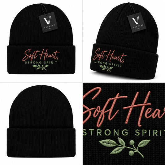 A Soft Heart, STRONG SPIRIT Embroidered Acrylic Knitted Hat Unisex High Elasticity High Gram Weight Warm and Comfortable