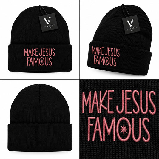 A MAKE JESUS FAMOUS Embroidered Acrylic Knitted Hat Unisex High Elasticity High Gram Weight Warm and Comfortable