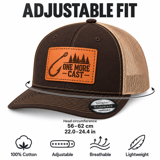 One More Cast Fishhook And Pine Tree Graphic Leather Patch Trucker Hat