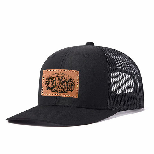 1776 2026 American Patriotic Leather Patch Embroidered Color Block Trucker Hat Unisex Adjustable Cotton Breathable Fashion Cap for Travel Daily Wear