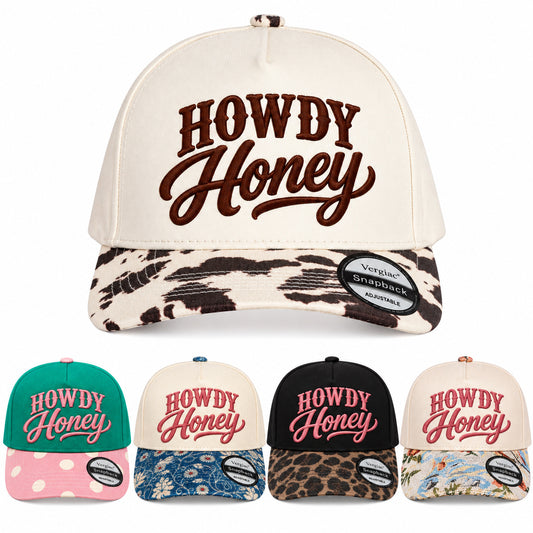 HOWDY Honey Vintage Western Script Embroidered 5-Panel Cotton Trucker Hat with Printed Brim and Structured Front, Adjustable Unisex Baseball Cap, 1 Piece