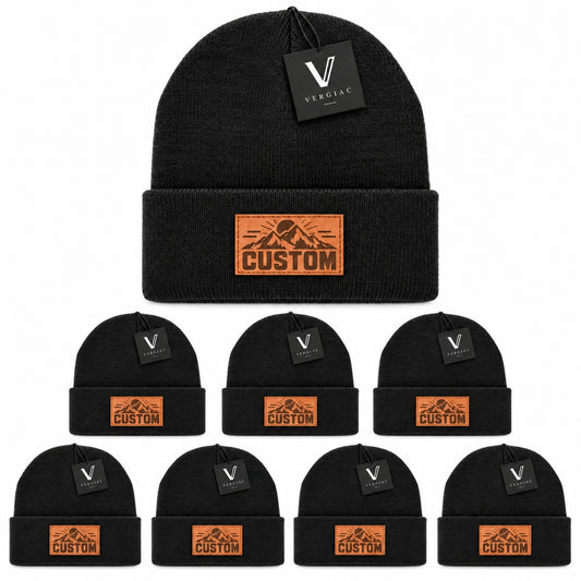 Custom Leather Patch Knit Beanies (8-Pack)