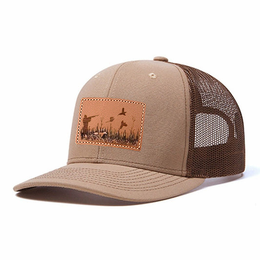 Upland Bird Hunting Scene Leather Patch Trucker Hat