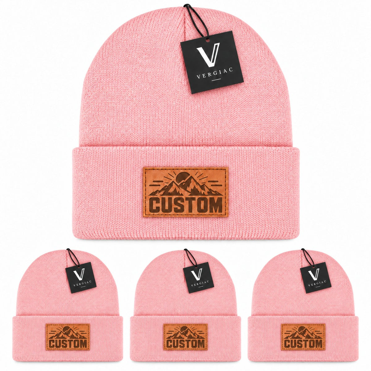 Custom Leather Patch Knit Beanies (4-Pack)