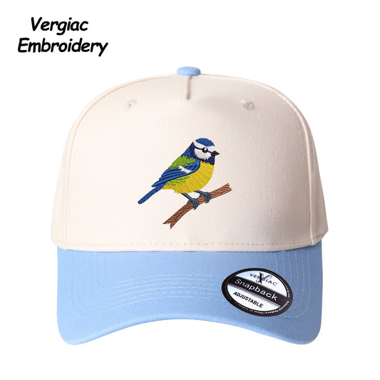 Blue Tit Embroidered Color Block Trucker Hat, Adjustable Unisex Cap for Travel and Everyday Wear
