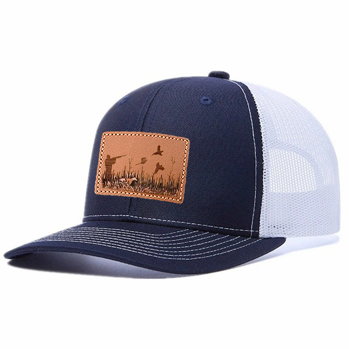 Upland Bird Hunting Scene Leather Patch Trucker Hat