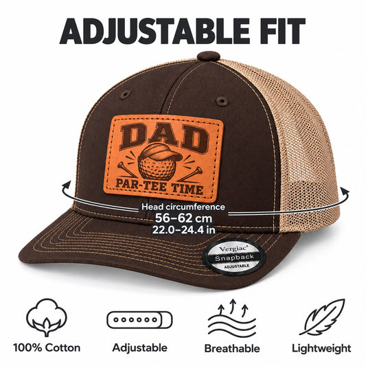 Dad Par-tee Time Golf Ball And Tee Graphic Leather Patch Trucker Hat