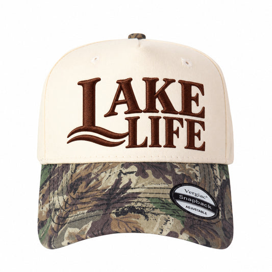 LAKE LIFE Lakeside-Themed Letter Embroidered 5-Panel Cotton Trucker Hat with Printed Brim and Structured Front, Adjustable Unisex Baseball Cap, 1 Piece