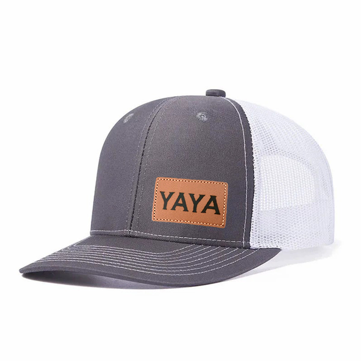 YAYA Leather Patch Embroidered Color Block Trucker Hat Unisex Adjustable Cotton Breathable Fashion Cap for Travel Daily Wear