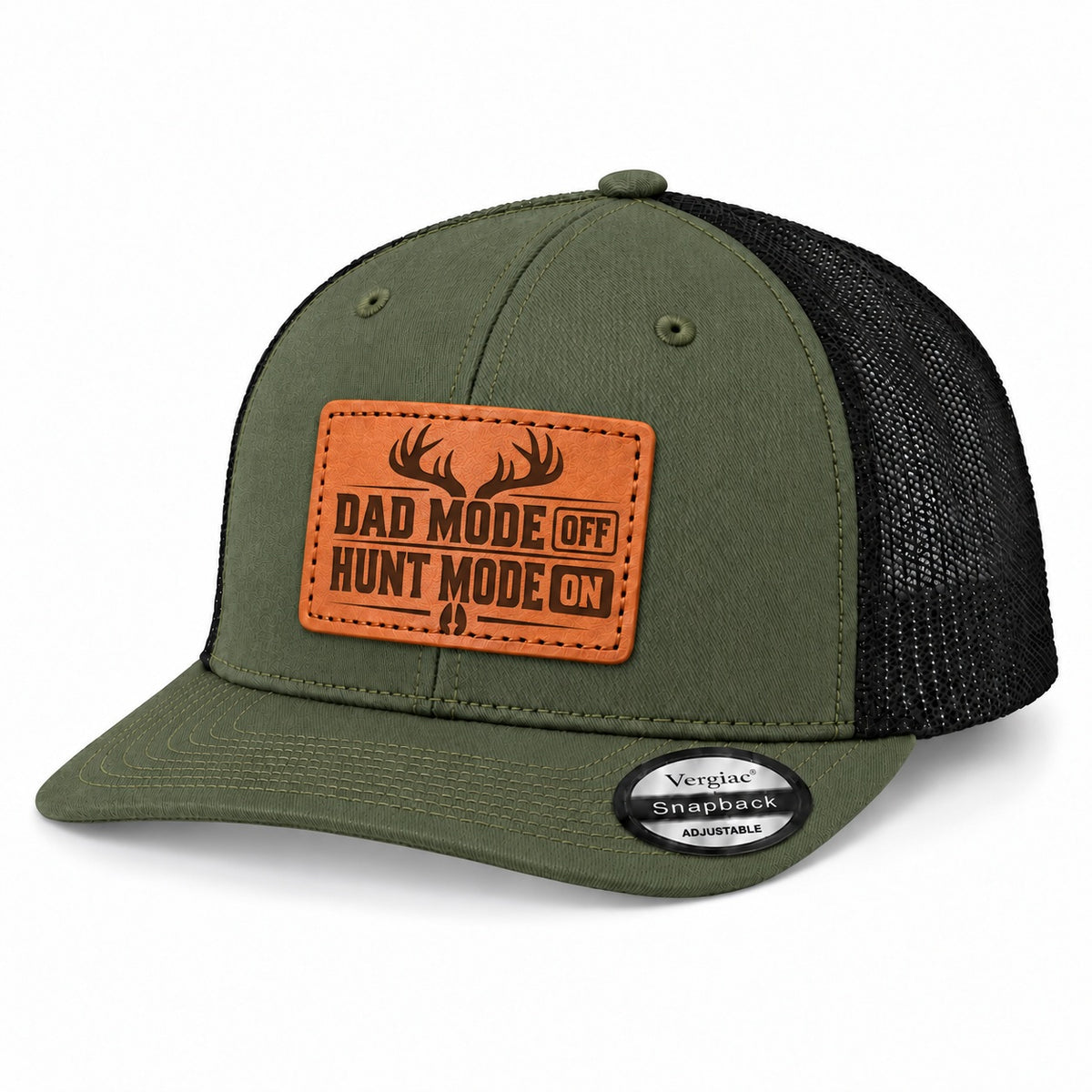 Dad Mode Off Hunt Mode On Antler Graphic Leather Patch Trucker Hat