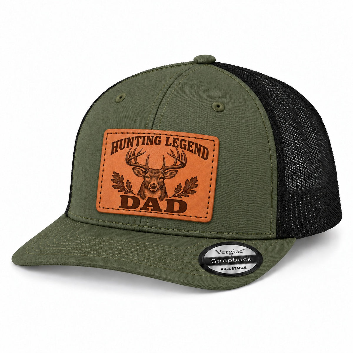 Hunting Legend Dad Deer Head And Oak Leaf Graphic Leather Patch Trucker Hat