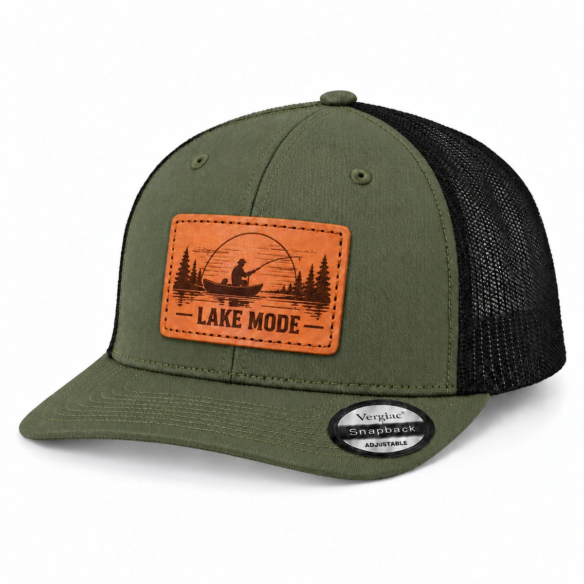 Lake Mode Lake Fishing Graphic Leather Patch Trucker Hat