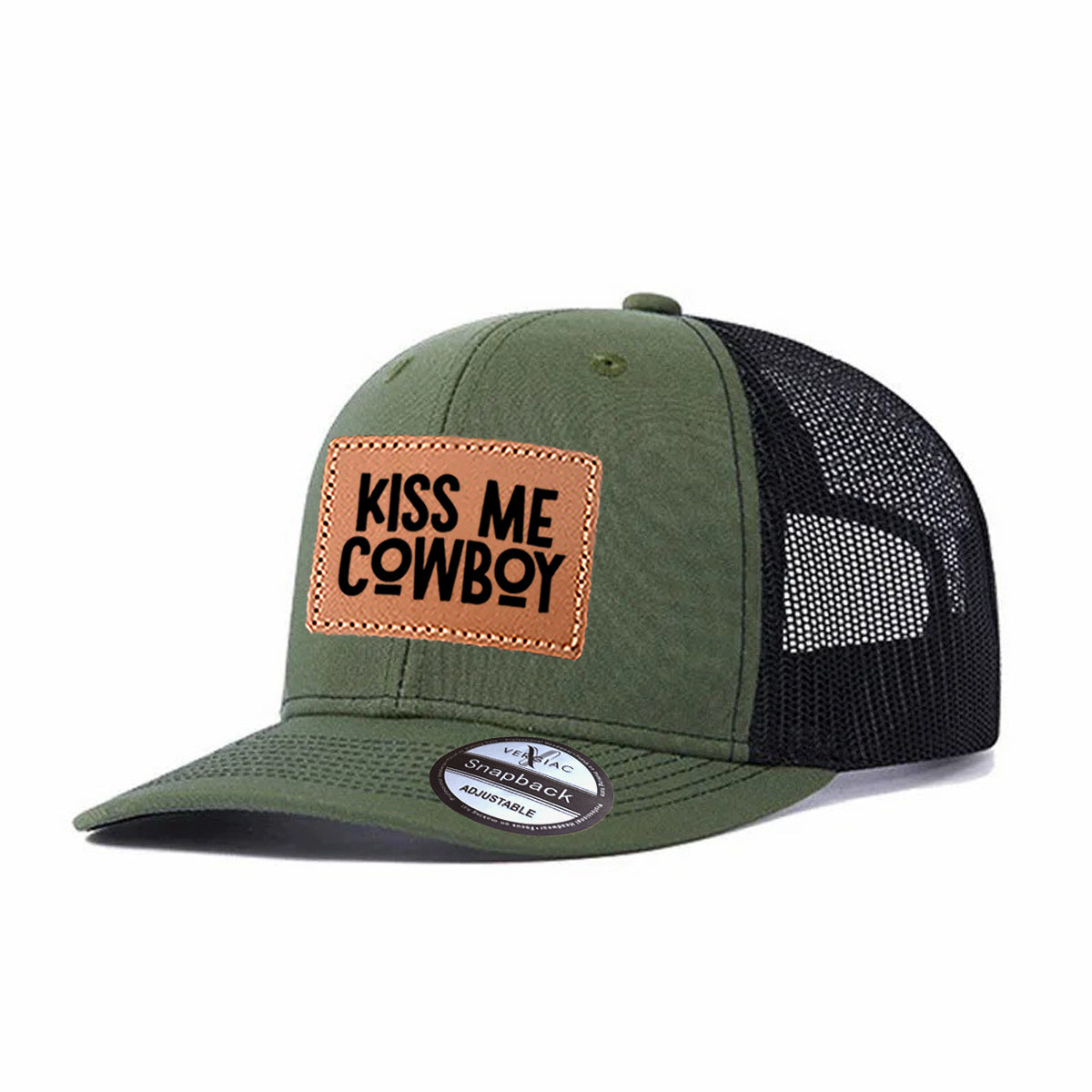 Kiss Me Cowboy Leather Patch Trucker Hat