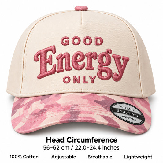 GOOD Energy ONLY Vintage Letter Embroidered 5-Panel Cotton Trucker Hat with Printed Brim and Structured Front, Adjustable Unisex Baseball Cap, 1 Piece