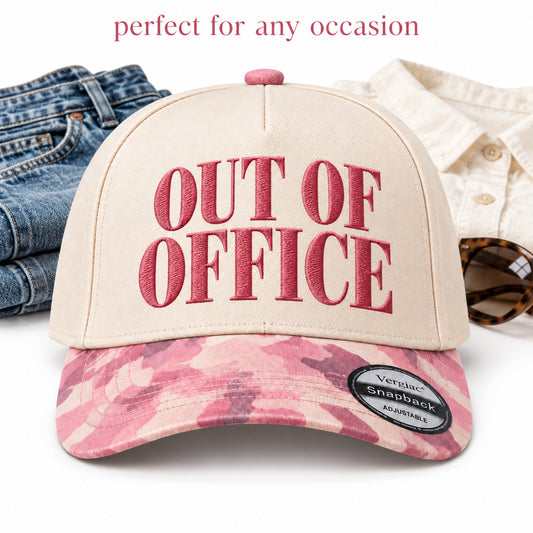 OUT OF OFFICE Vintage Letter Embroidered 5-Panel Cotton Trucker Hat with Printed Brim and Structured Front, Adjustable Unisex Baseball Cap, 1 Piece