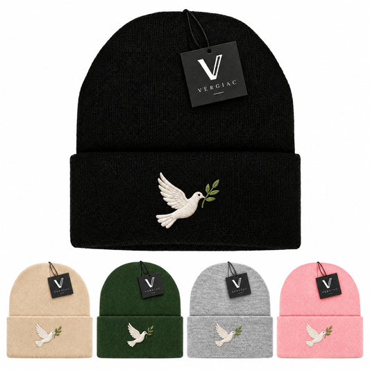 A Dove with Olive Branch Embroidered Acrylic Knitted Hat Unisex High Elasticity High Gram Weight Warm and Comfortable