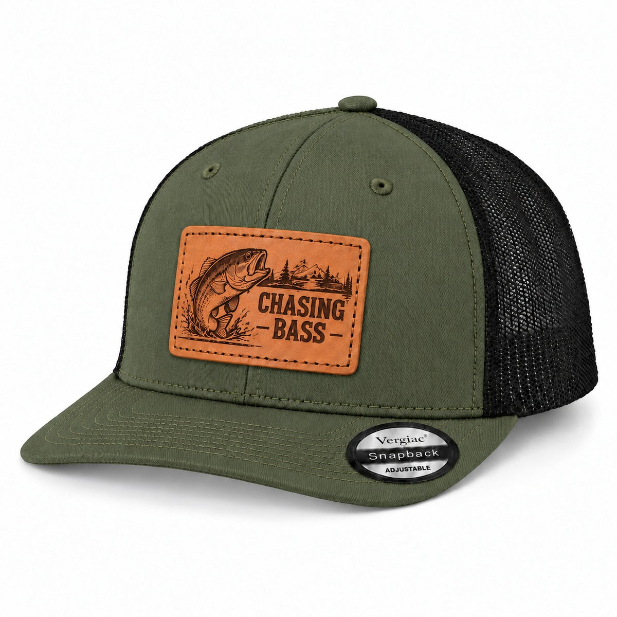 Chasing Bass Bass Fishing Graphic Leather Patch Trucker Hat