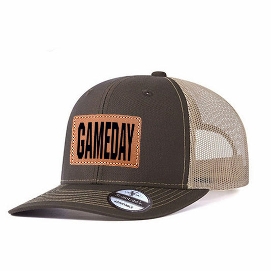 GAMEDAY Lettering Leather Patch Baseball Cap, Men's Breathable Adjustable Mesh Trucker Hat for Outdoor and Travel Wear