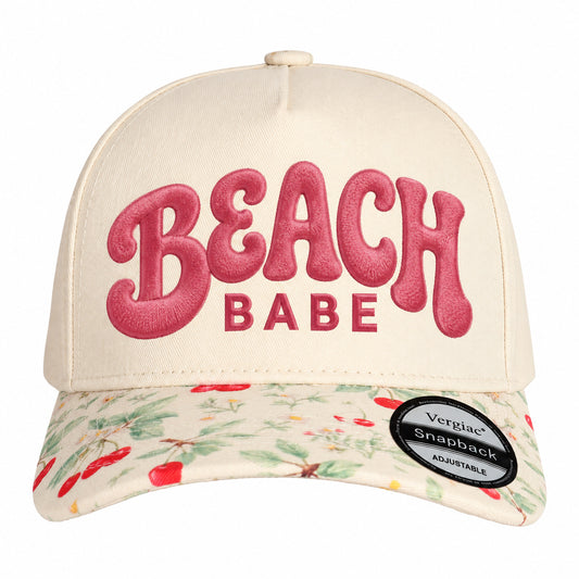 BEACH BABE Beach-Themed Letter Embroidered 5-Panel Cotton Trucker Hat with Printed Brim and Structured Front, Adjustable Unisex Baseball Cap, 1 Piece