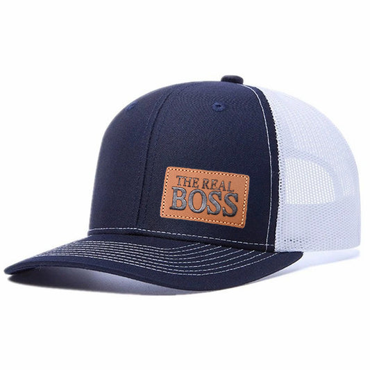 THE REAL BOSS Letter Leather Patch Embroidered Color Block Trucker Hat Unisex Adjustable Cotton Breathable Fashion Cap for Travel Daily Wear