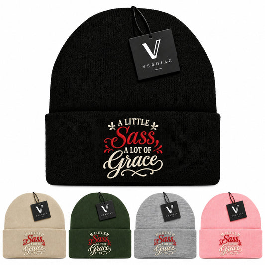 A A LITTLE Sass, A LOT OF Grace Embroidered Acrylic Knitted Hat Unisex High Elasticity High Gram Weight Warm and Comfortable