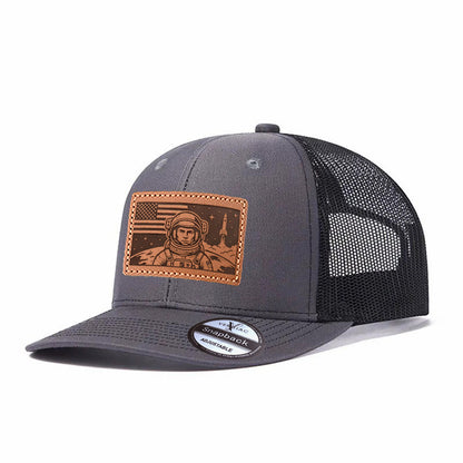 American Astronaut and Rocket Leather Patch Baseball Cap, Men's Breathable Adjustable Mesh Trucker Hat for Outdoor and Travel Wear