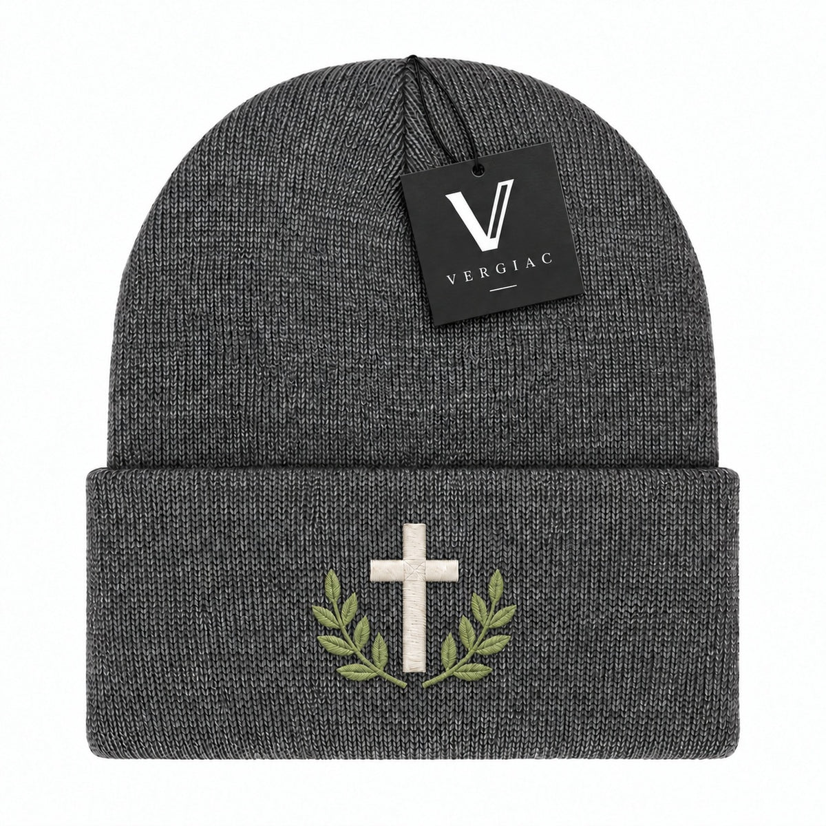 A Cross and Olive Branches Embroidered Acrylic Knitted Hat Unisex High Elasticity High Gram Weight Warm and Comfortable