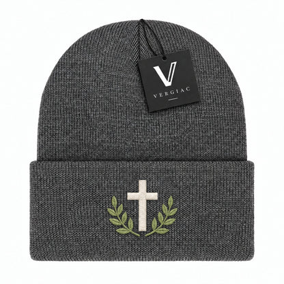 A Cross and Olive Branches Embroidered Acrylic Knitted Hat Unisex High Elasticity High Gram Weight Warm and Comfortable