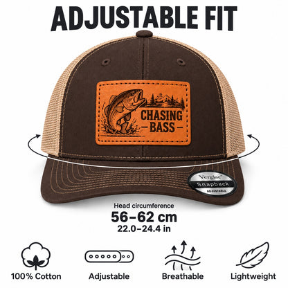 Chasing Bass Bass Fishing Graphic Leather Patch Trucker Hat