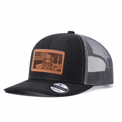 American Astronaut and Rocket Leather Patch Baseball Cap, Men's Breathable Adjustable Mesh Trucker Hat for Outdoor and Travel Wear