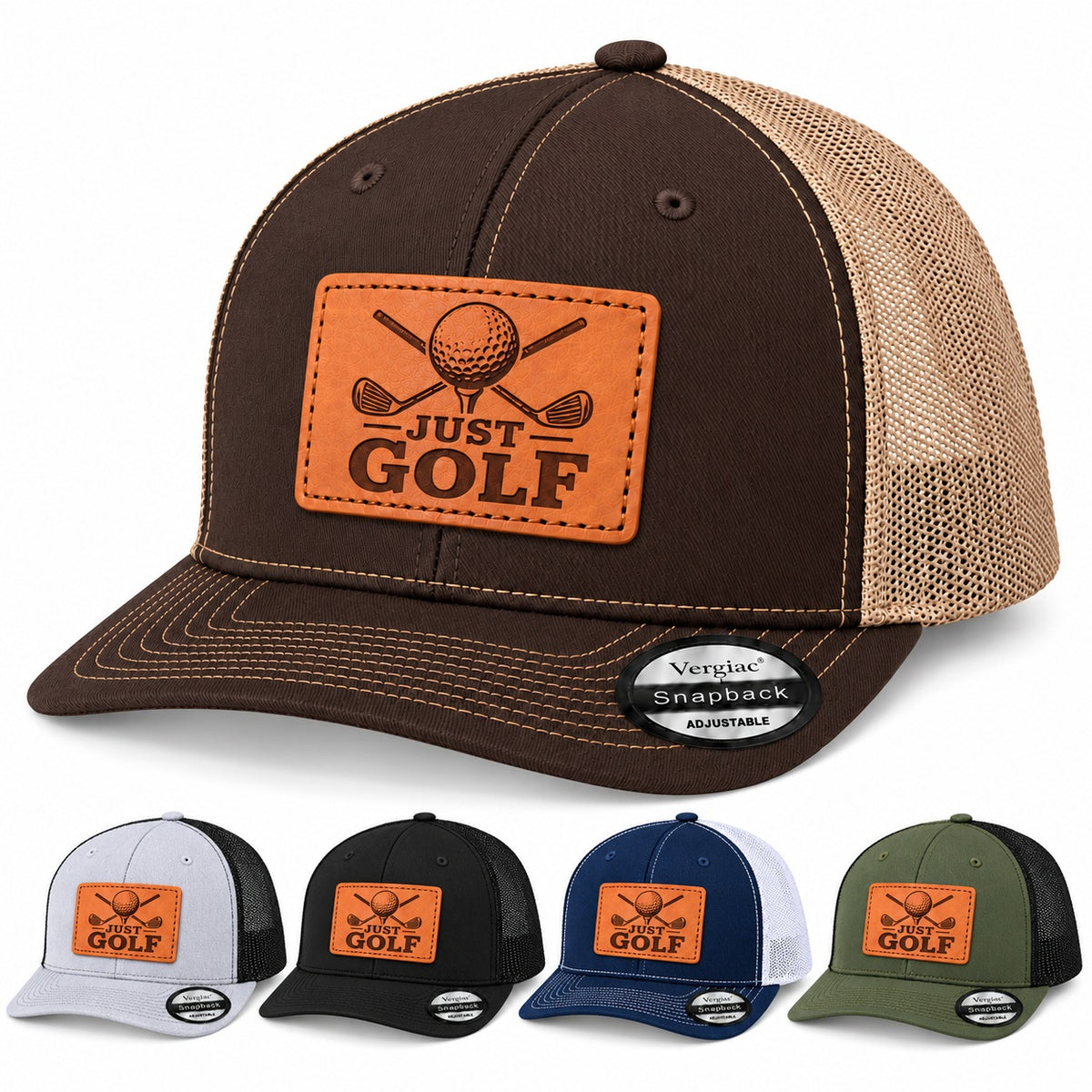 Just Golf Golf Club Graphic Leather Patch Trucker Hat
