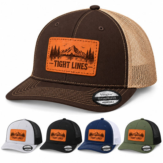 TIGHT LINES Mountain, Forest and Lake Graphic Leather Patch Vintage Baseball Cap, Structured Mesh Trucker Hat, Adjustable Breathable Unisex Outdoor Cap in Multiple Colors