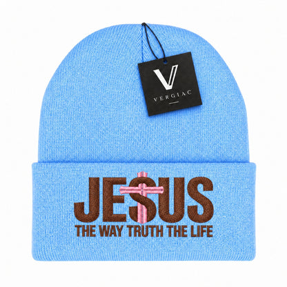 A JESUS Embroidered Acrylic Knitted Hat Unisex High Elasticity High Gram Weight Warm and Comfortable