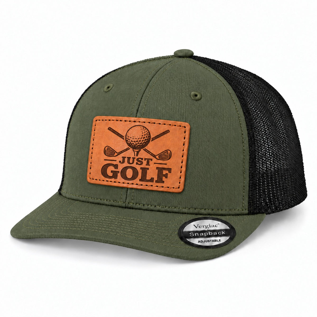 Just Golf Golf Club Graphic Leather Patch Trucker Hat