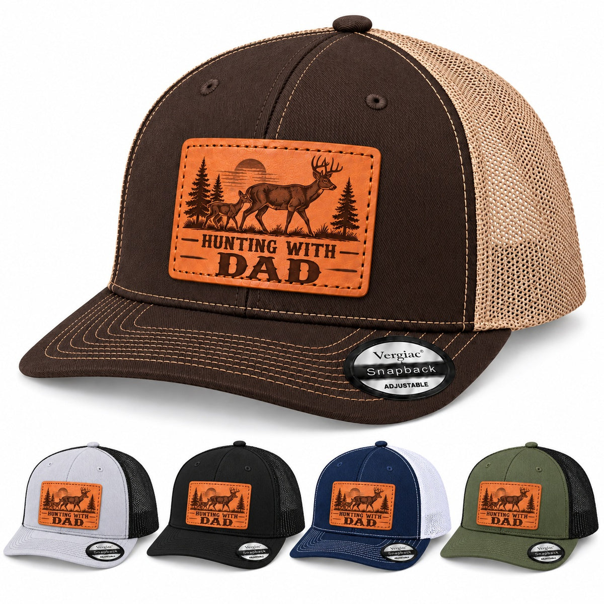 Hunting With Dad Deer And Pine Tree Graphic Leather Patch Trucker Hat