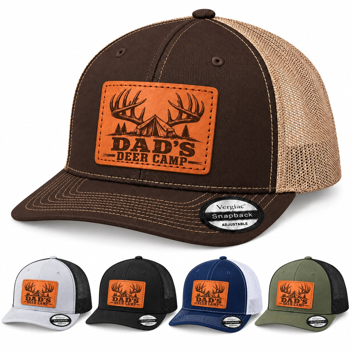 Dad's Deer Camp Antler And Tent Graphic Leather Patch Trucker Hat