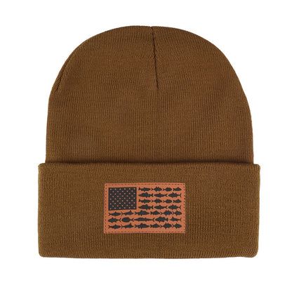 American Flag Leather Patch Beanie