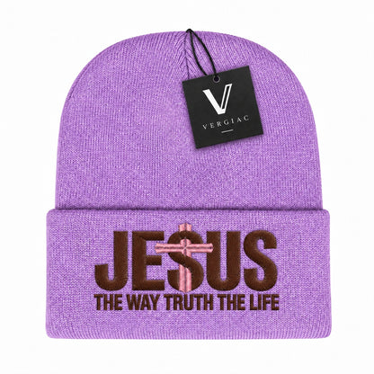 A JESUS Embroidered Acrylic Knitted Hat Unisex High Elasticity High Gram Weight Warm and Comfortable