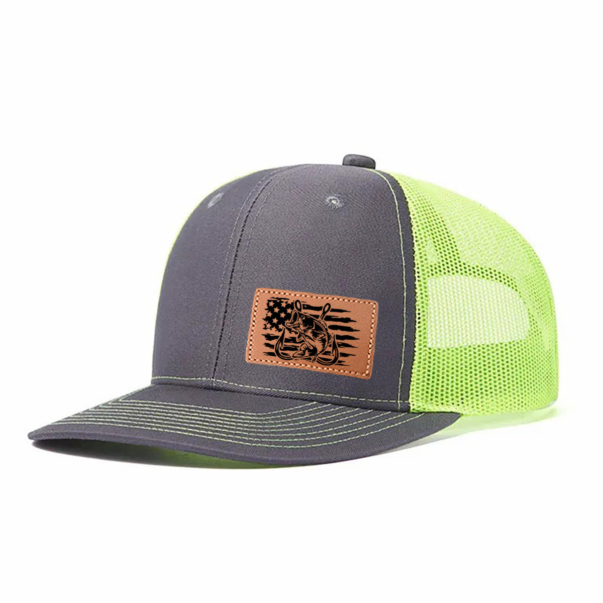 Fishing-themed Leather Patch Trucker Hat