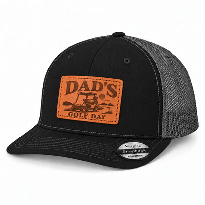 Dad's Golf Day Golf Cart Graphic Leather Patch Trucker Hat