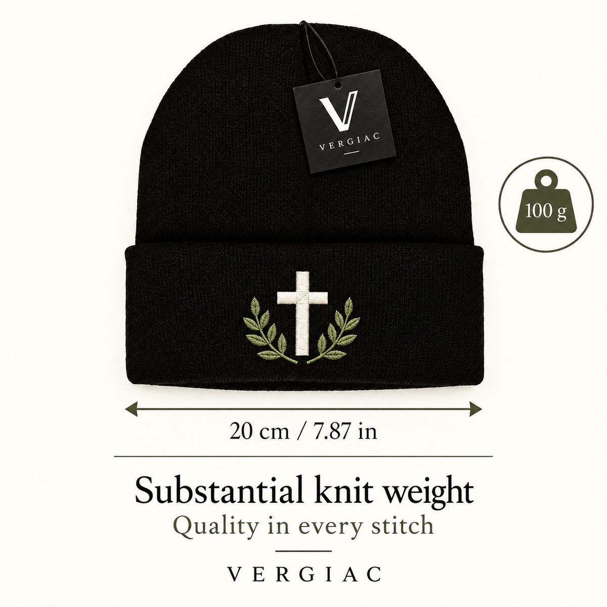 A Cross and Olive Branches Embroidered Acrylic Knitted Hat Unisex High Elasticity High Gram Weight Warm and Comfortable