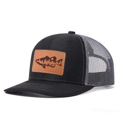 Largemouth Bass Scene Leather Patch Trucker Hat