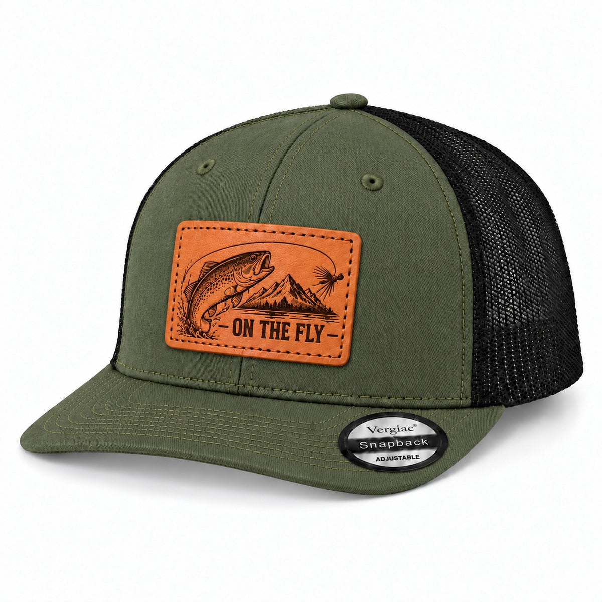 On The Fly Trout Fly Fishing Graphic Leather Patch Trucker Hat