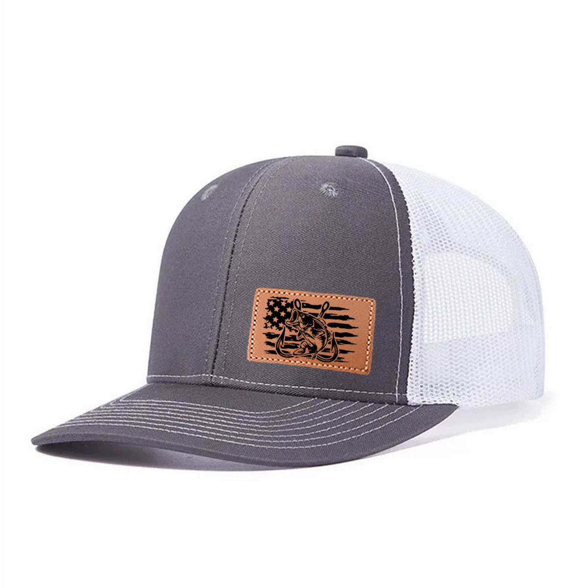 Fishing-themed Leather Patch Trucker Hat