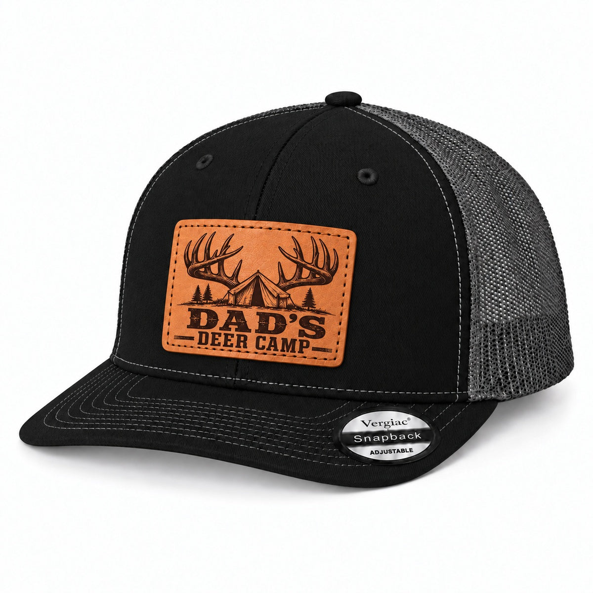 Dad's Deer Camp Antler And Tent Graphic Leather Patch Trucker Hat