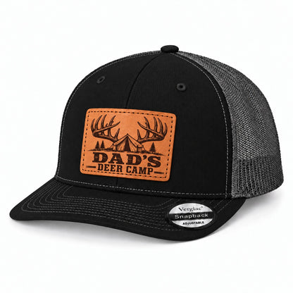 Dad's Deer Camp Antler And Tent Graphic Leather Patch Trucker Hat